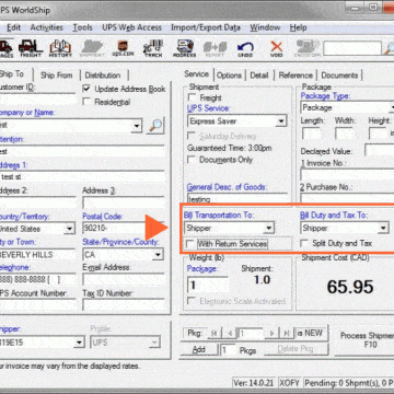 UPS Worldship screen - billing of transportation and duty/tax